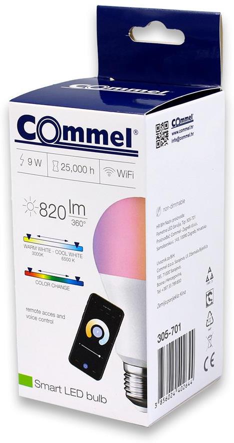 Лампа LED 9W RGBW E27 A60 820lm 220° димируема 25000h Wi-Fi Commel IoT