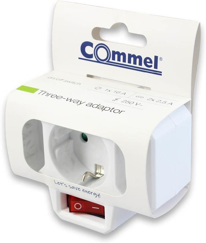 Адаптер за контакт бял с ключ 2 х ЕВРО и 1 х шуко Commel /до изчерпване/
