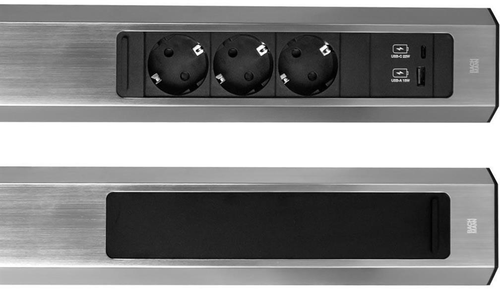 Модул CASIA 2 с 3x Шуко и USB A+C с щора, цвят ИНОКС, с възможност за ъглов монтаж, захранващ кабел 2м, Bachmann