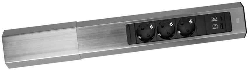 Модул CASIA 2 с 3x Шуко и USB A+C с щора, цвят ИНОКС, с възможност за ъглов монтаж, захранващ кабел 2м, Bachmann