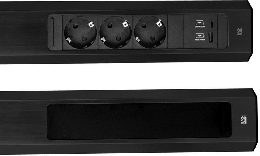 Модул CASIA 2 с 3x Шуко и USB A+C с щора, цвят ЧЕРЕН, с възможност за ъглов монтаж, захранващ кабел 2м, Bachmann