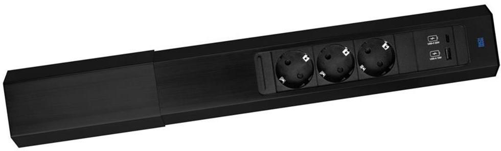 Модул CASIA 2 с 3x Шуко и USB A+C с щора, цвят ЧЕРЕН, с възможност за ъглов монтаж, захранващ кабел 2м, Bachmann