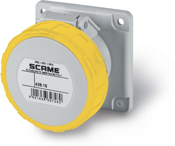 Промишлен контакт 2P+Е 16A 4h 113V IP67/69 ПРАВ серия Optima панелен монтаж 55х55мм Scame