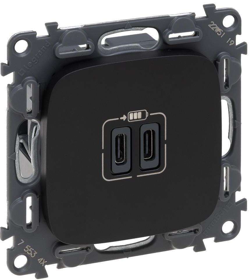 Розетка 2хUSB за зареждане тип C+C 3A 15W цвят Черен Valena Allure Legrand