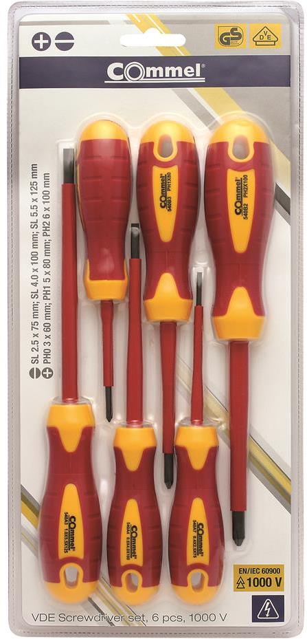 Комплект с 6 бр. отвертки VDE 1000V - 3х шлиц и 3х PH, Commel