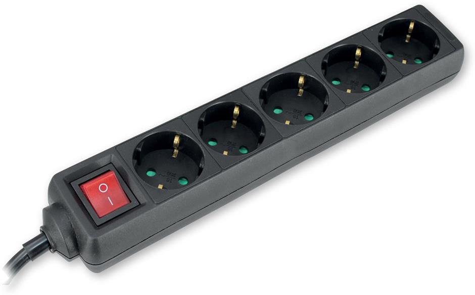 Разклонител с копче ЧЕРЕН 5x2P+E с кабел 3 метра / 1.5mm2 Commel