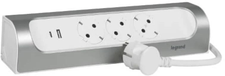 Разклонител ъглов сив 3x2P+E с кабел 1 метър с USB A+C 3A 15W Corner NEW Legrand