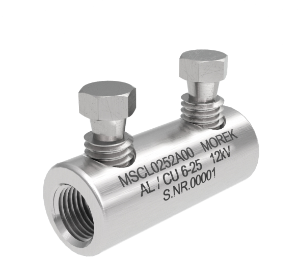 Кабелен съединител алуминиев покалаен Al/Cu 6-25mm² 12kV MSCL25 2x късащ се болт M8 MOREK