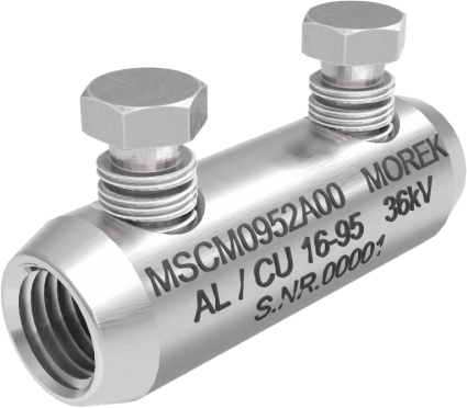 Кабелен съединител алуминиев покалаен Al/Cu 16-95mm² 36kV MSCM95 2x късащ се болт M12 MOREK