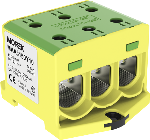 Тунелна клема ЖЪЛТО-ЗЕЛЕНА 1P 320A с 6 отвора OTL150-3 3xAl/Cu 25-150mm² 1000V MOREK