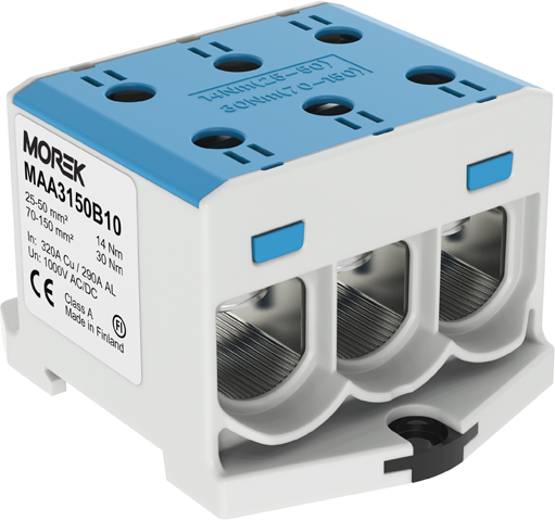 Тунелна клема СИНЯ 1P 320A с 6 отвора OTL150-3 3xAl/Cu 25-150mm² 1000V MOREK