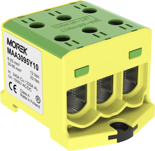 Тунелна клема ЖЪЛТО-ЗЕЛЕНА 1P 245A с 6 отвора OTL95-3 3xAl/Cu 6-95mm² 1000V MOREK