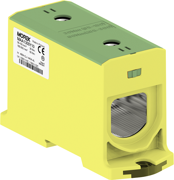 Тунелна клема ЖЪЛТО-ЗЕЛЕНА 1P 490A с 2 отвора OTL300-1 1xAl/Cu 95-300mm² 1000V MOREK