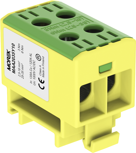 Тунелна клема ЖЪЛТО-ЗЕЛЕНА 1P 135A с 4 отвора OTL35-2 2xAl/Cu 2,5-35mm² 1000V MOREK
