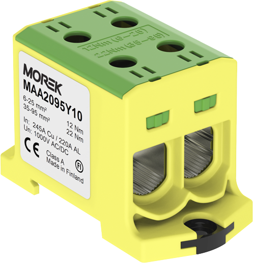 Тунелна клема ЖЪЛТО-ЗЕЛЕНА 1P 245A с 4 отвора OTL95-2 2xAl/Cu 6-95mm² 1000V MOREK