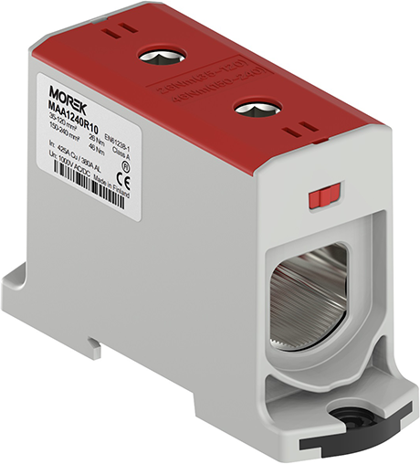 Тунелна клема ЧЕРВЕНА 1P 425A с 2 отвора OTL240 1xAl/Cu 35-240mm² 1000V MOREK