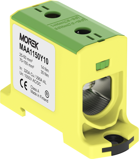 Тунелна клема ЖЪЛТО-ЗЕЛЕНА 1P 320A с 2 отвора OTL150 1xAl/Cu 25-150mm² 1000V MOREK