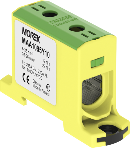 Тунелна клема ЖЪЛТО-ЗЕЛЕНА 1P 245A с 2 отвора OTL95 1xAl/Cu 6-95mm² 1000V MOREK