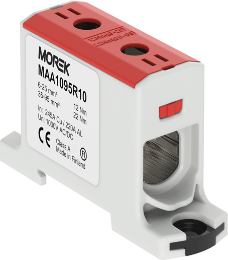 Тунелна клема ЧЕРВЕНА 1P 245A с 2 отвора OTL95 1xAl/Cu 6-95mm² 1000V MOREK