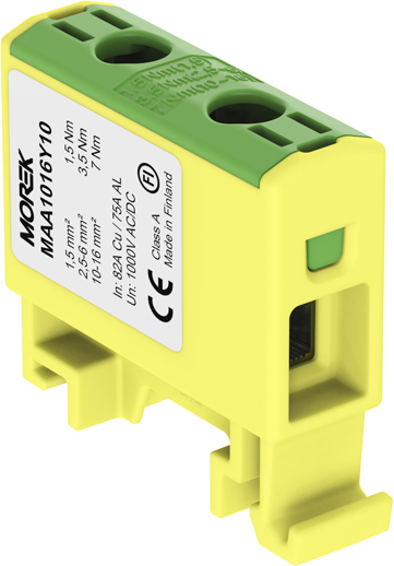 Тунелна клема ЖЪЛТО-ЗЕЛЕНА 1P 82A с 2 отвора OTL16 1xAl/Cu 1,5-16mm² 1000V MOREK