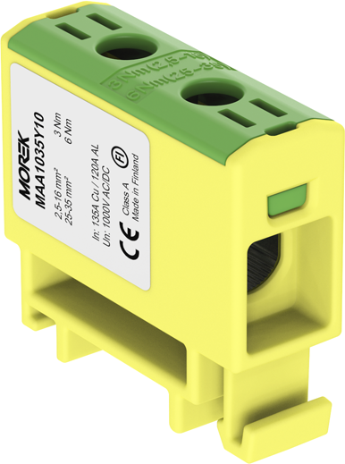 Тунелна клема ЖЪЛТО-ЗЕЛЕНА 1P 135A с 2 отвора OTL35 1xAl/Cu 2,5-35mm² 1000V MOREK