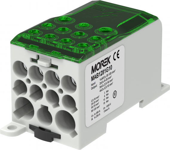 Разпределителен клемен блок ЗЕЛЕН 1P 280A OJL280A вх. Al/Cu 1X120 изх. 2x35/5x16/4x10mm² MOREK