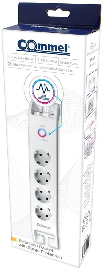 Разклонител с копче БЯЛ 4x2P+E с 2xUSB тип А и гръмозащита, с кабел 2 метра / 1.5mm2 Commel