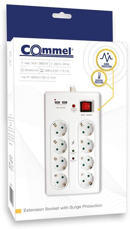 Разклонител с копче БЯЛ 8x2P+E с 2xUSB тип А и гръмозащита, с кабел 3 метра / 1.5mm2 Commel