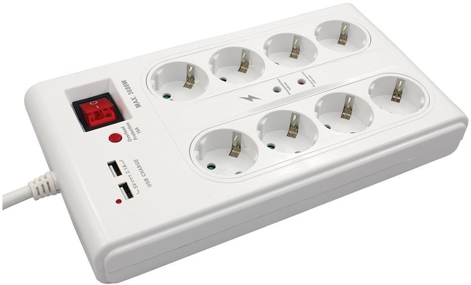 Разклонител с копче БЯЛ 8x2P+E с 2xUSB тип А и гръмозащита, с кабел 3 метра / 1.5mm2 Commel