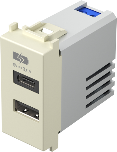 Розетка 2хUSB за зареждане тип A+C 3A 15W 1 мод. цвят Крем гланц Modul TEM /до изчерпване/