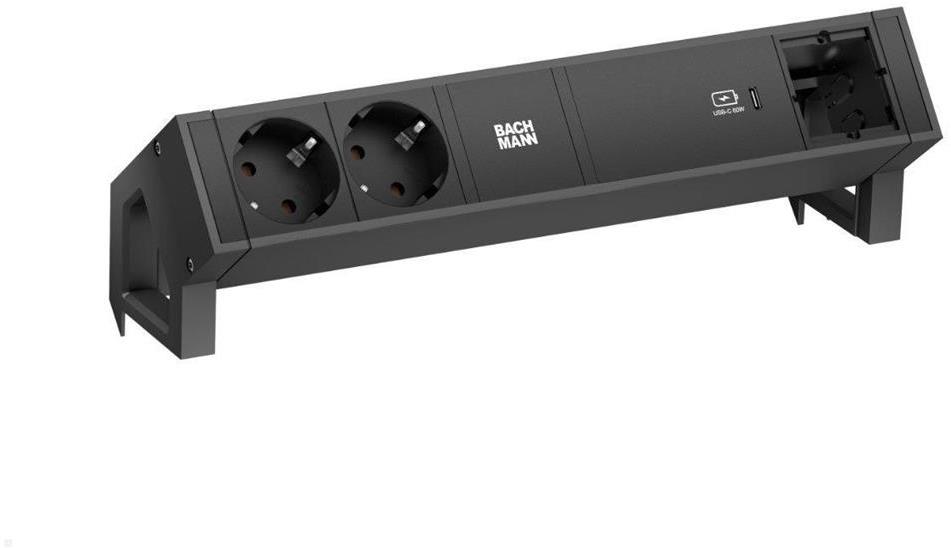 Модул DESK 2 с 2х Шуко, USB тип C Power Delivery 60W и 1 празен модул, цвят Черен, Bachmann