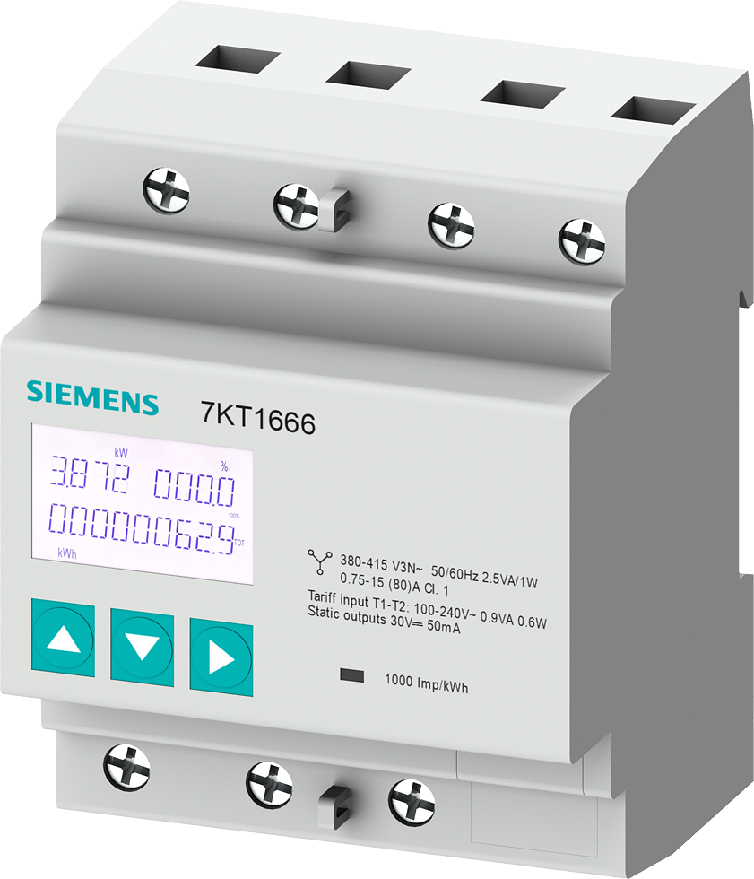 Трифазен електромер за ДИРЕКТНО мерене на ел. енергия SENTRON, Modbus, 2 тарифи, за DIN монтаж 4 мод, 80A, MID Siemens