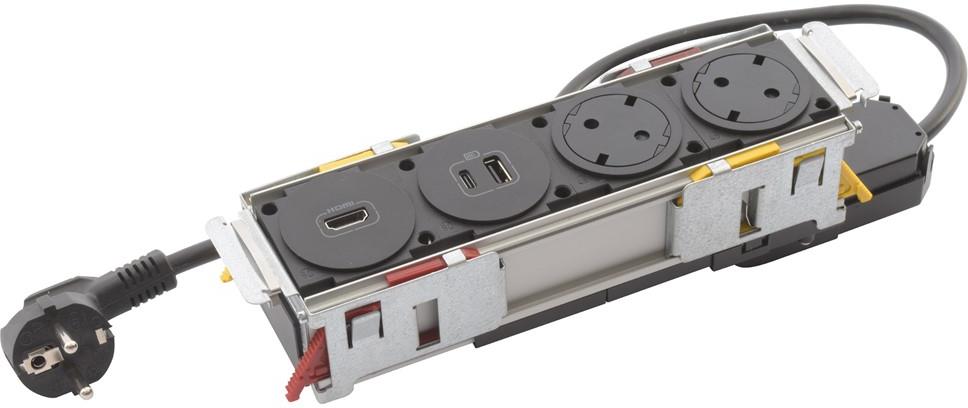 Мебелна кутия с 2х Шуко, USB тип A+C и HDMI, кабел 2m, 252x80mm, цвят ЧЕРЕН, Incara Disq'In Legrand