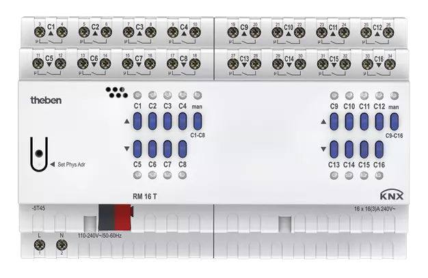 Актуатор изходи с ръчно управление RM16T 16x 230Vac 16A 8DIN KNX Theben