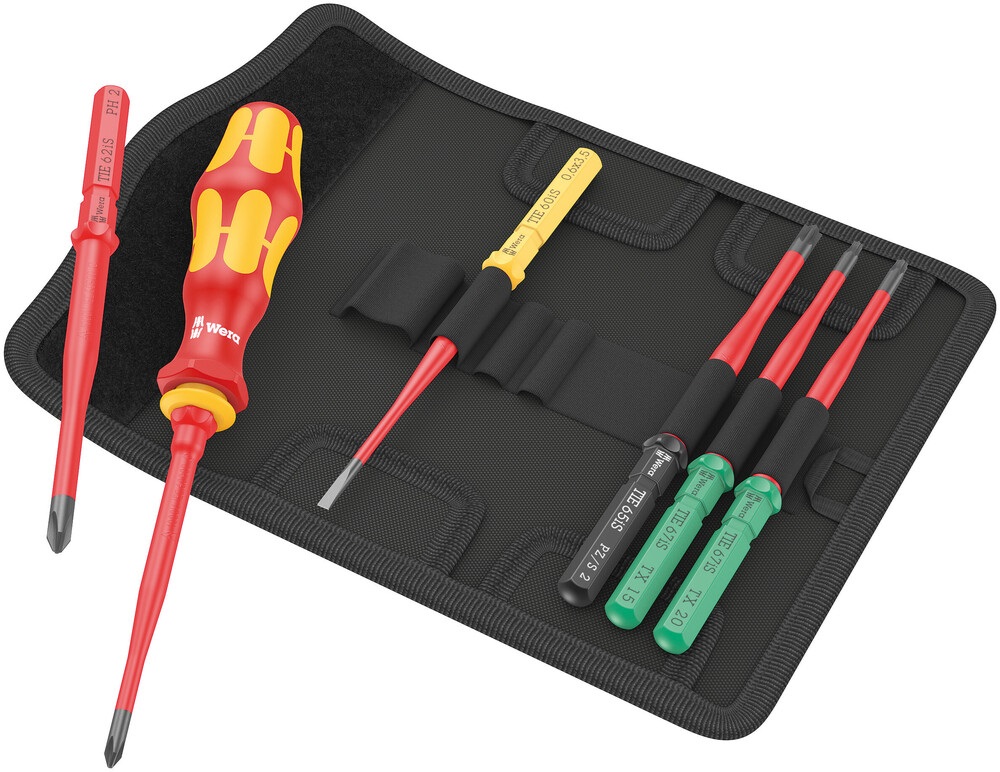 Комплект отвертки, 1x ръкохватка и 6х изолирани остриета, 7 extra slim 1 Kraftform Kompakt VDE 1000V Wera