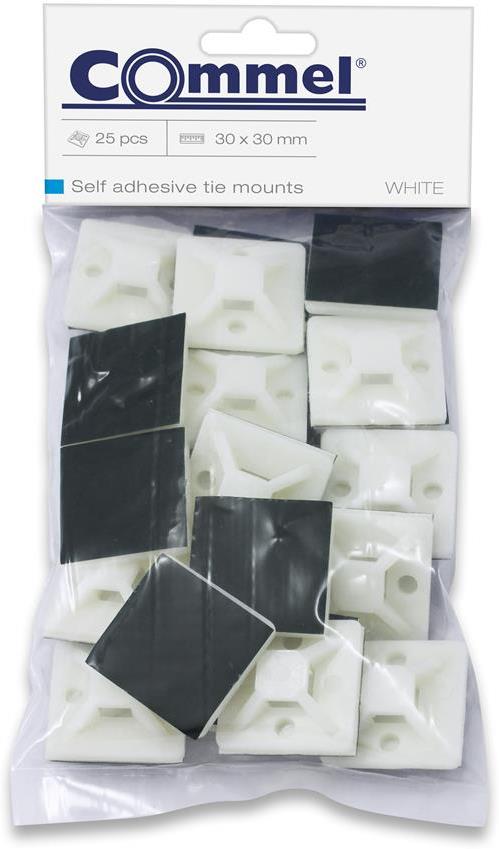 Основа за кабелна връзка 4.8мм лепяща 30х30мм бяла с дебелина 8.7мм 25 броя Commel