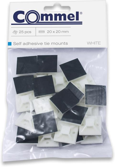 Основа за кабелна връзка 3.6мм лепяща 20х20мм бяла с дебелина 6.1мм 25 броя Commel