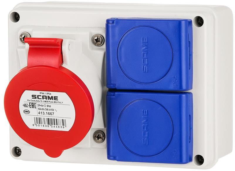 Табло сглобено с индустриални контакти, стенен монтаж, серия ADAPTO 1х 3P+N+E 16A и 2х Шуко Scame