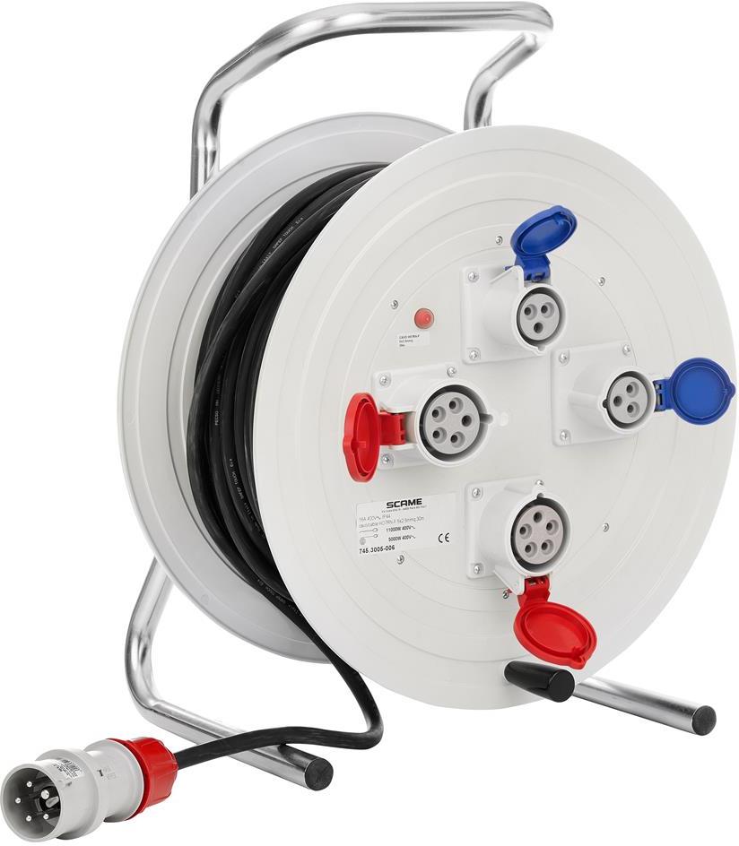 Макара индустриална IP44 серия ROLLER 450 кабел H07RN-F 50 метра х 2,5мм2 вход 3P+N+Е 16A и изход 2х 3P+N+E и 2х 2P+E 16A Scame
