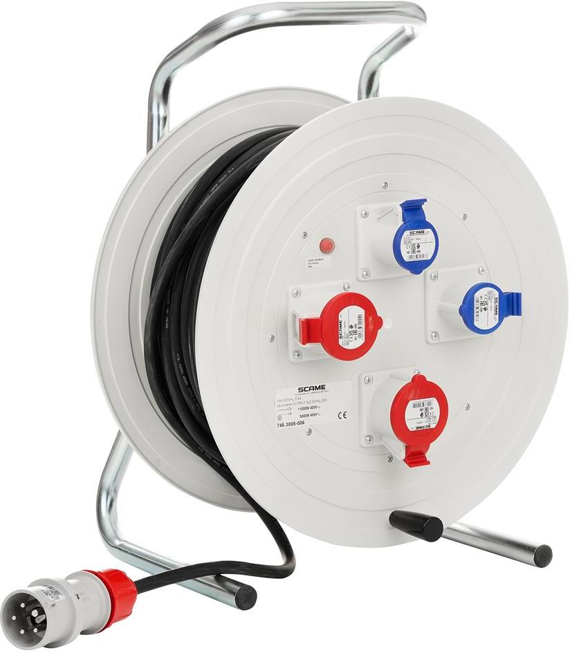 Макара индустриална IP44 серия ROLLER 450 кабел H07RN-F 30 метра х 2,5мм2 вход 3P+N+Е 16A и изход 2х 3P+N+E и 2х 2P+E 16A Scame