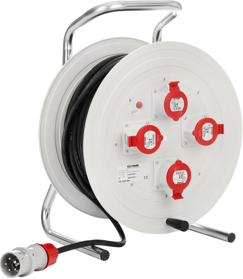 Макара индустриална IP44 серия ROLLER 450 кабел H07RN-F 50 метра х 2,5мм2 вход 3P+N+Е 16A и изход 4х 3P+N+E 16A Scame