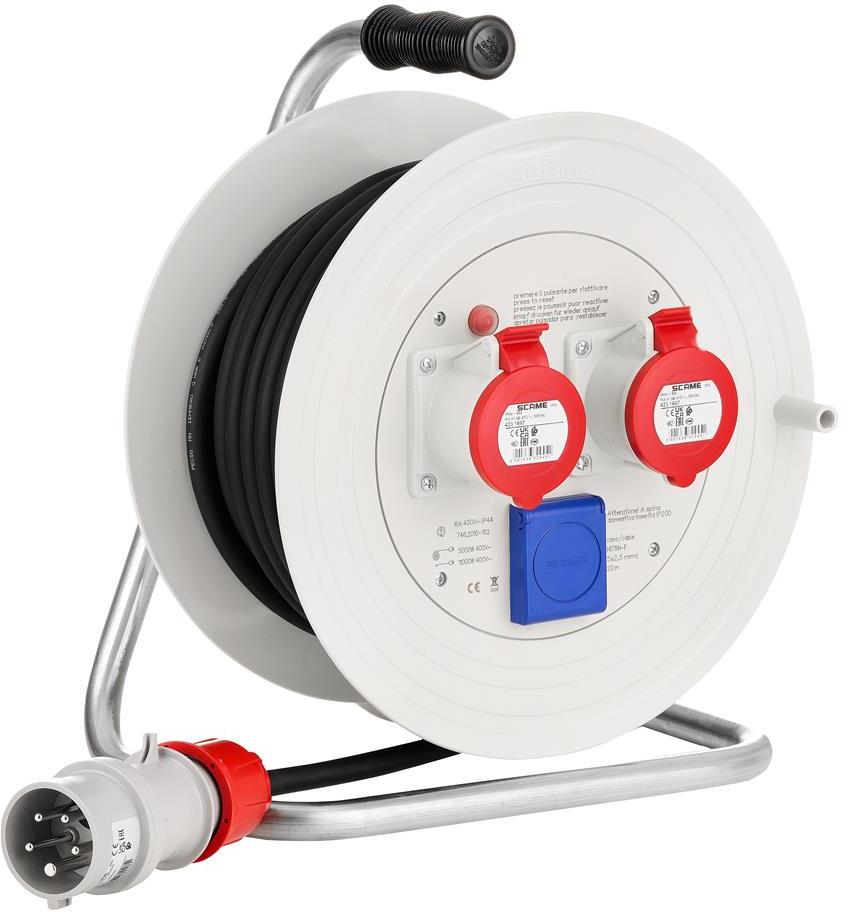 Макара индустриална IP20 серия ROLLER 330 кабел H07RN-F 20 метра х 2,5мм2 вход IEC 309 3P+N+E 16A и изход 2 х 3P+N+E 16A Scame