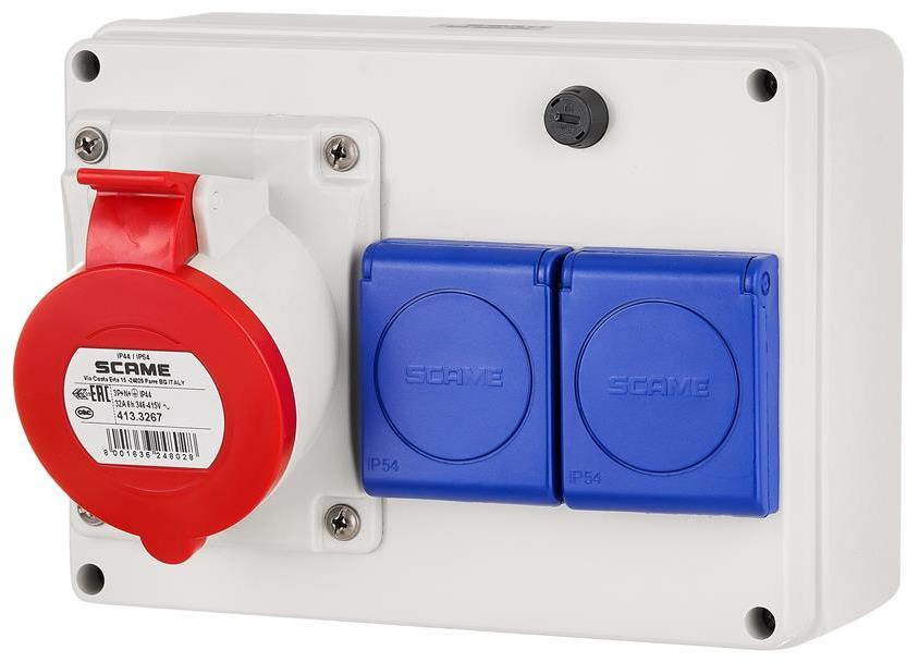 Табло сглобено с индустриални контакти, стенен монтаж, серия ADAPTO 1х 3P+N+E 32A и 2х Шуко Scame