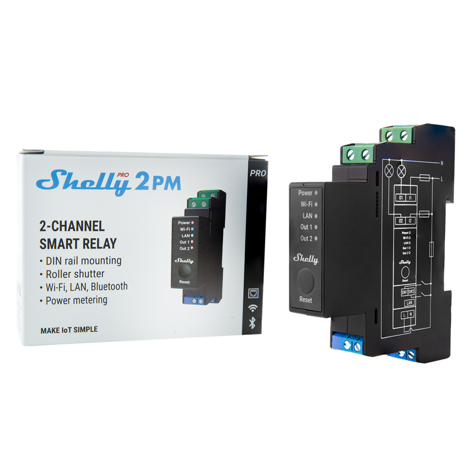 Импулсно Smart реле 2х On/Off 16A (25A) с мерител за DIN монтаж Shelly PRO 2PM - 268032S
