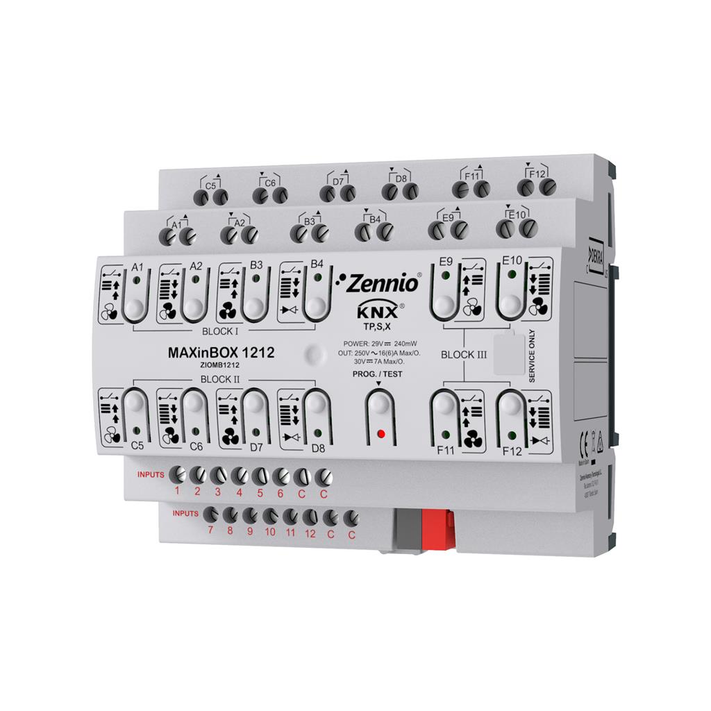 MAXinBOX 1212. Многофункционален актуатор KNX Secure 6DIN 12 изх.16A / 12 вх. A/D Zennio