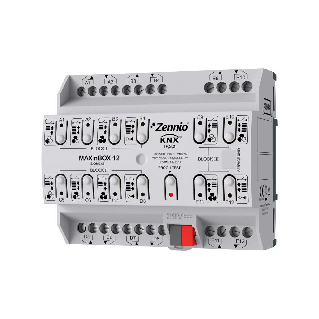 MAXinBOX 12. Многофункционален актуатор KNX Secure 6DIN 12 изх.16A Zennio