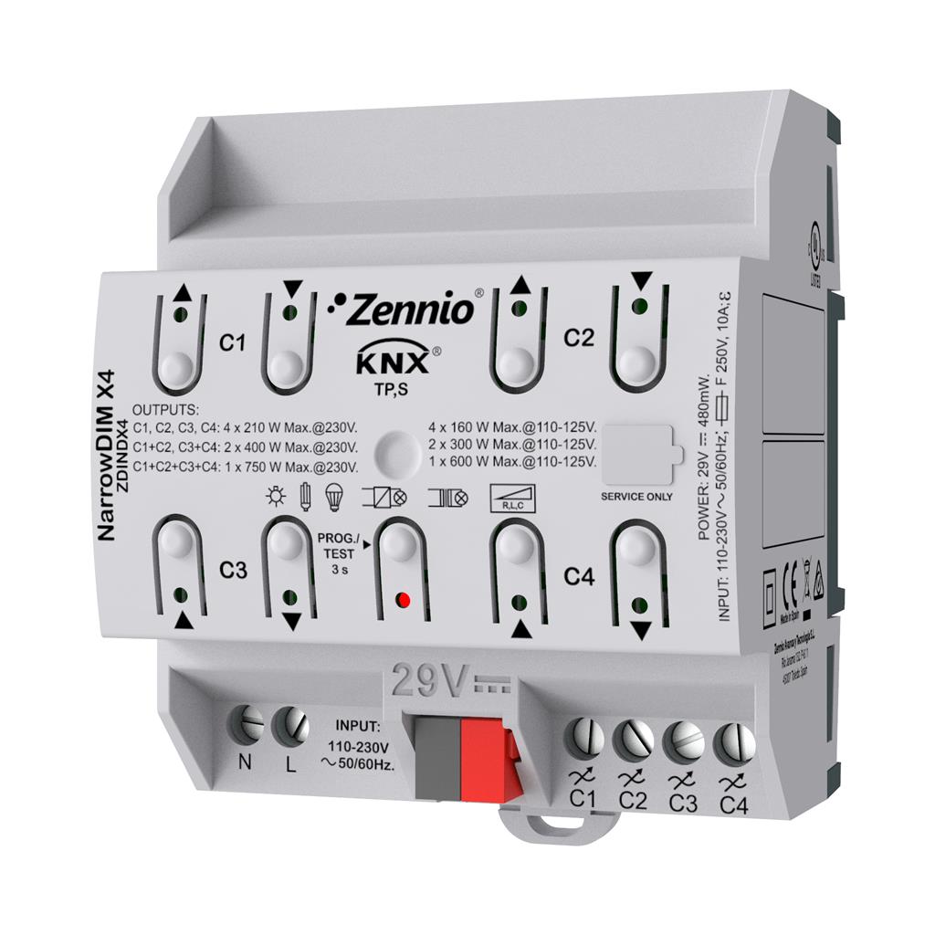 Димер универсален с ръчно управление NarrowDIM X4 4х210W 4,5DIN KNX Zennio