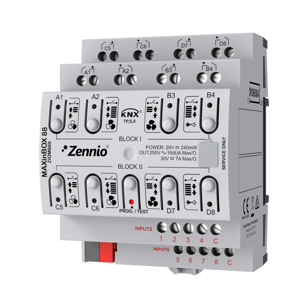 MAXinBOX 88. Многофункционален актуатор KNX Secure 4DIN 8 изх.16A / 8 вх. A/D Zennio