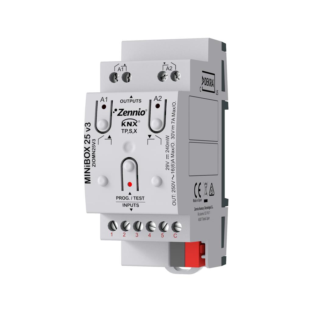MINiBOX 25 v3. Многофункционален актуатор KNX Secure 2DIN 2 изх.16A / 5 вх. A/D Zennio