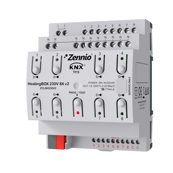 Актуатор вентили с ръчно управление HeatingBOX 8x 240VAC 4DIN KNX Zennio